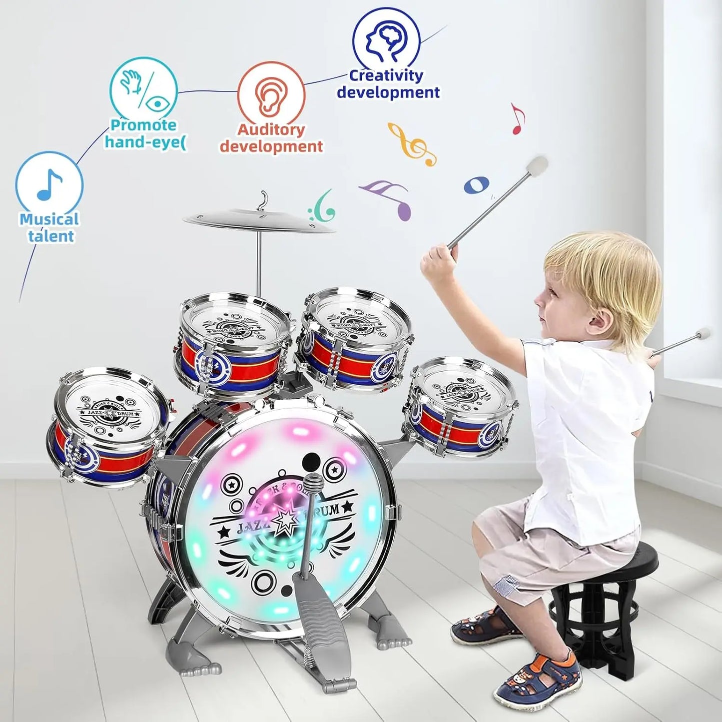 Mini Jazz Drum Set for Kids with LED Lights