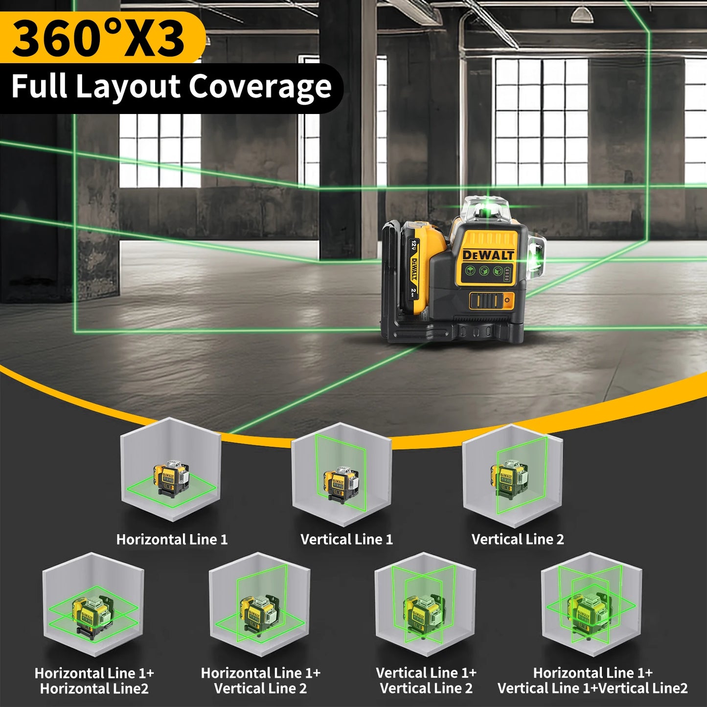 2025 New DEWALT DW089LG Laser Level - 12V Lithium Battery, 360° Horizontal & Vertical Green Lines, 3 Sides Coverage