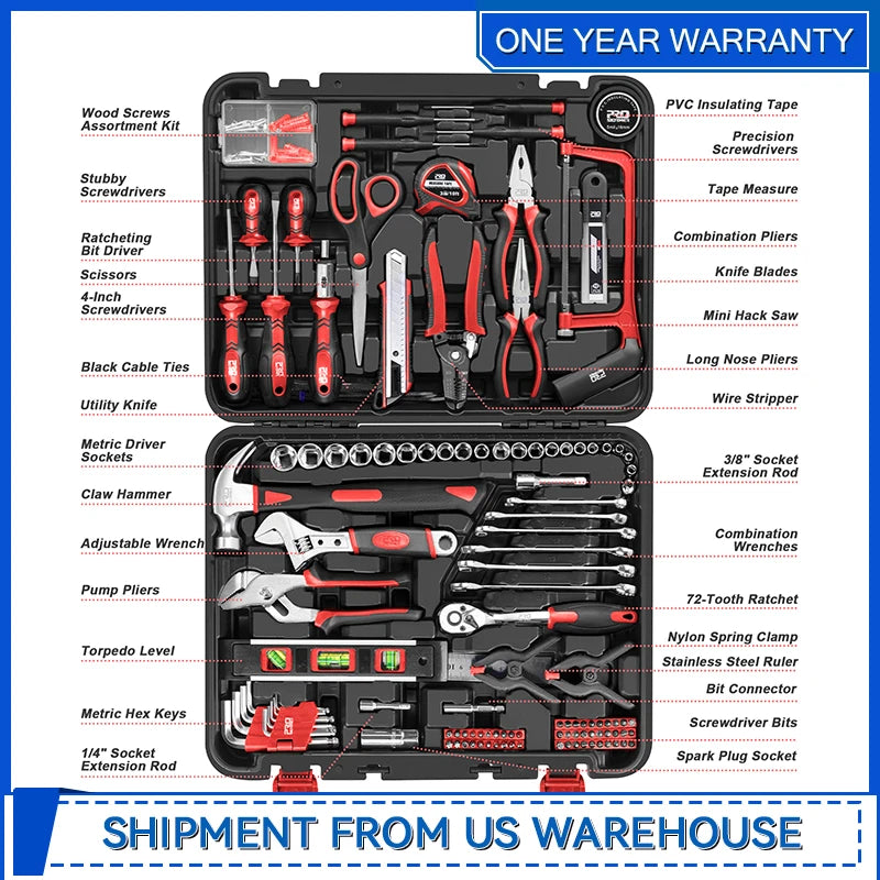 259-Piece Tool Kit, General Household Hand Tool Set with Plastic Storage Toolbox, Portable Complete Repair Tool Box for Home and