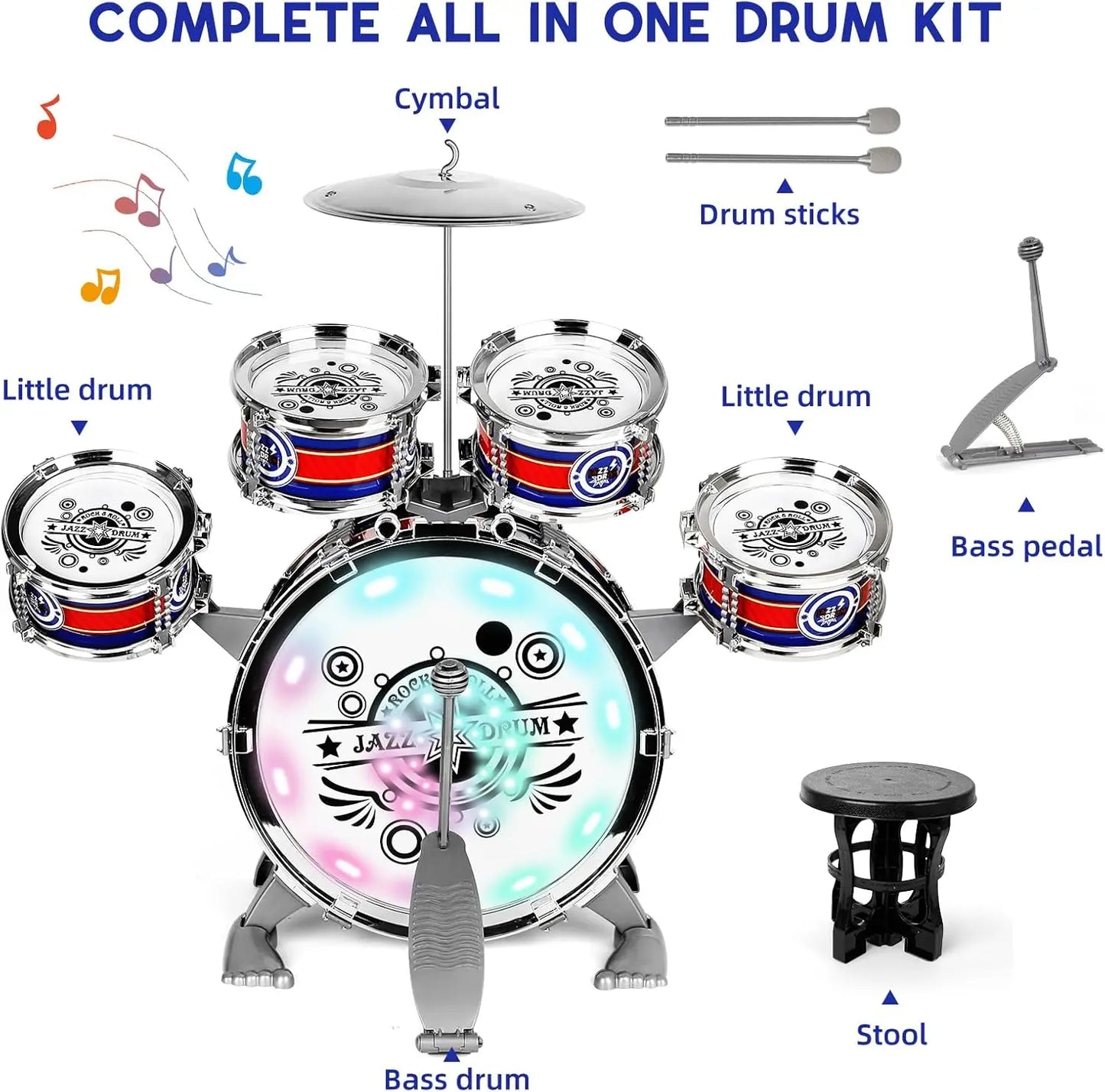Mini Jazz Drum Set for Kids with LED Lights